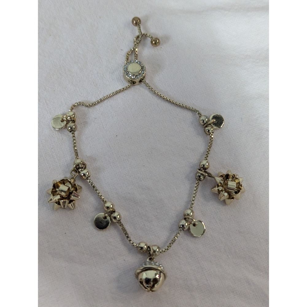 Gold tone adjustable box chain bracelet‎ bell bows tags charms Gift box present